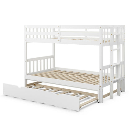 Twin Pull-Out Bunk Bed with Trundle Wooden Ladder-White - White