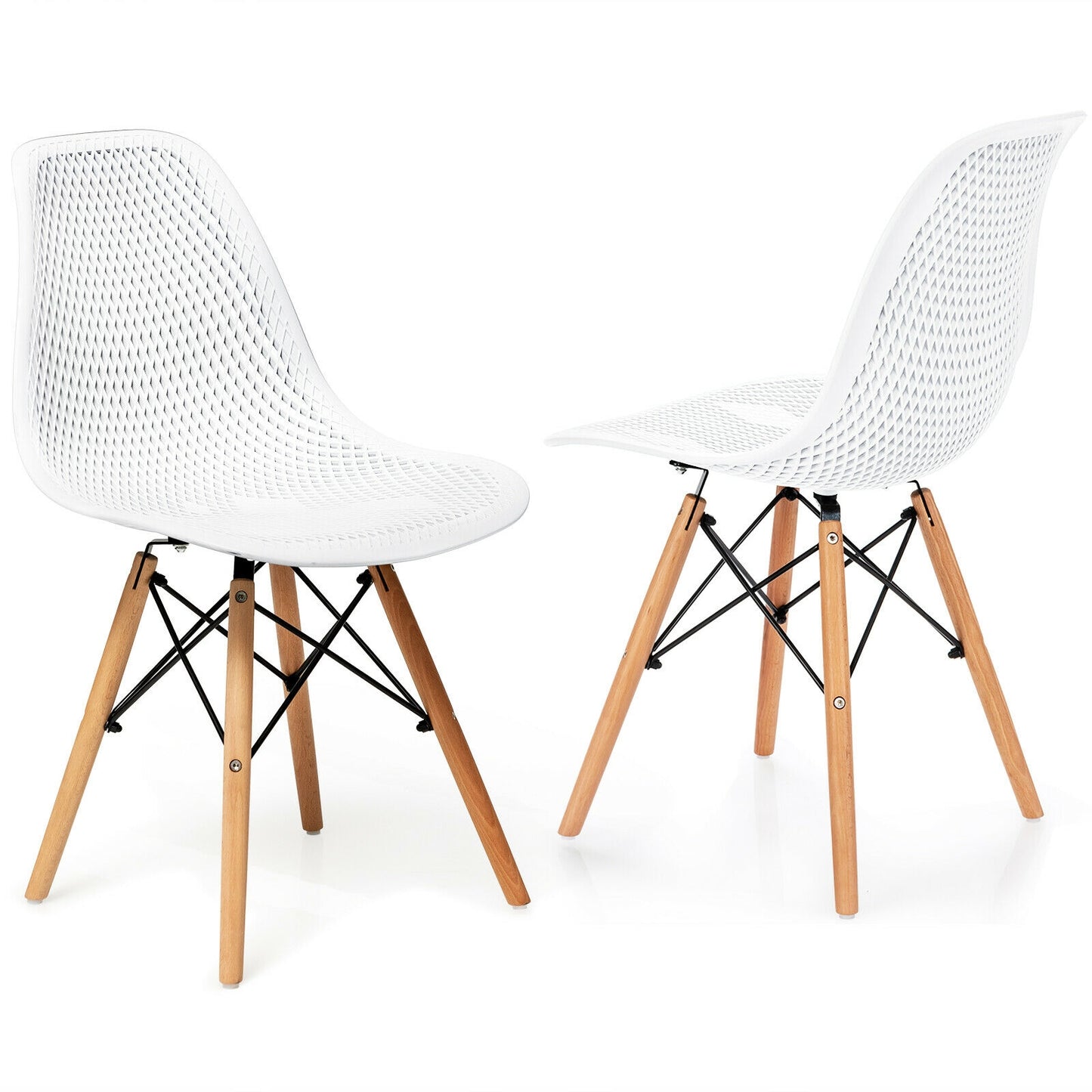 2 Pcs Modern Plastic Hollow Chair Set with Wood Leg-Black - White