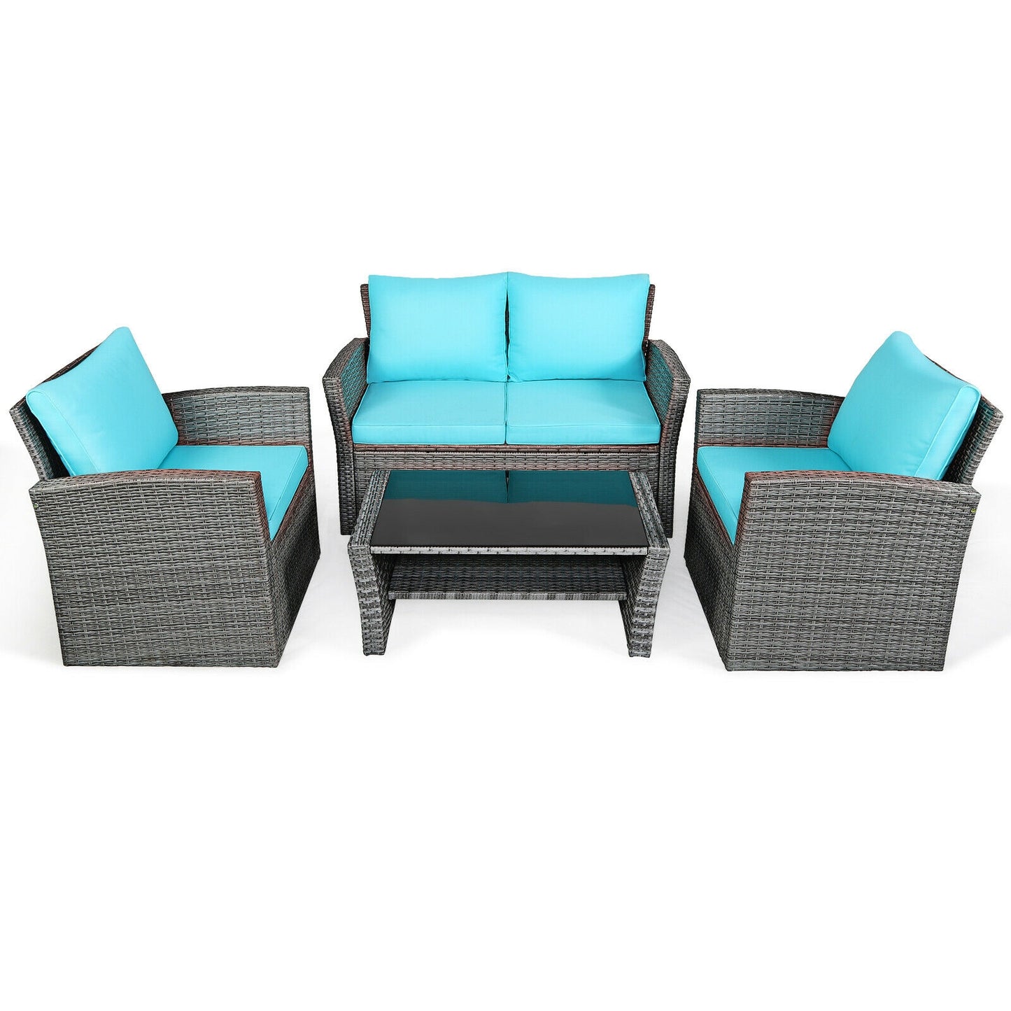 4 Pieces Patio Rattan Furniture Set Sofa Table with Storage Shelf Cushion-Gray - Turquoise