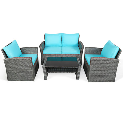 4 Pieces Patio Rattan Furniture Set Sofa Table with Storage Shelf Cushion-Gray - Turquoise