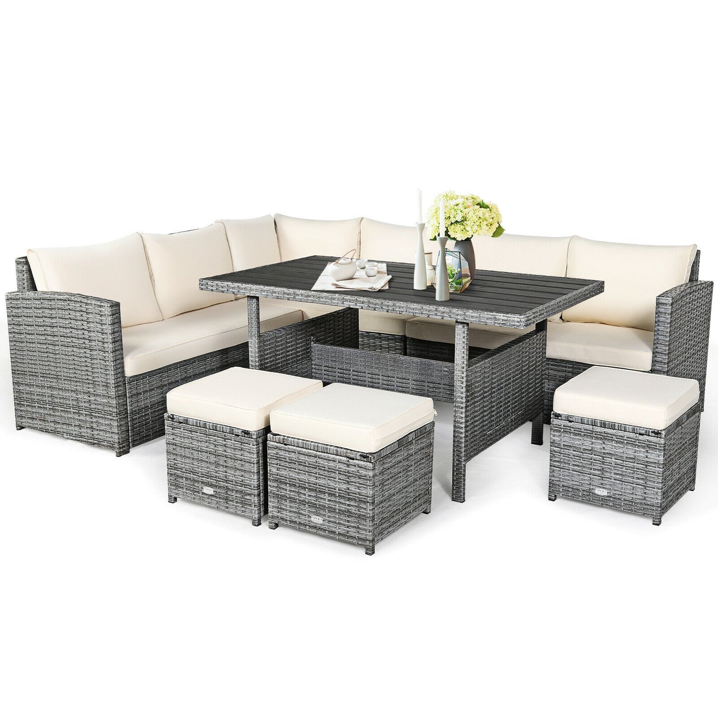 7 Pieces Patio Rattan Dining Furniture Sectional Sofa Set with Wicker Ottoman-Red - Beige