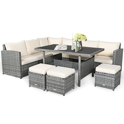 7 Pieces Patio Rattan Dining Furniture Sectional Sofa Set with Wicker Ottoman-Red - Beige