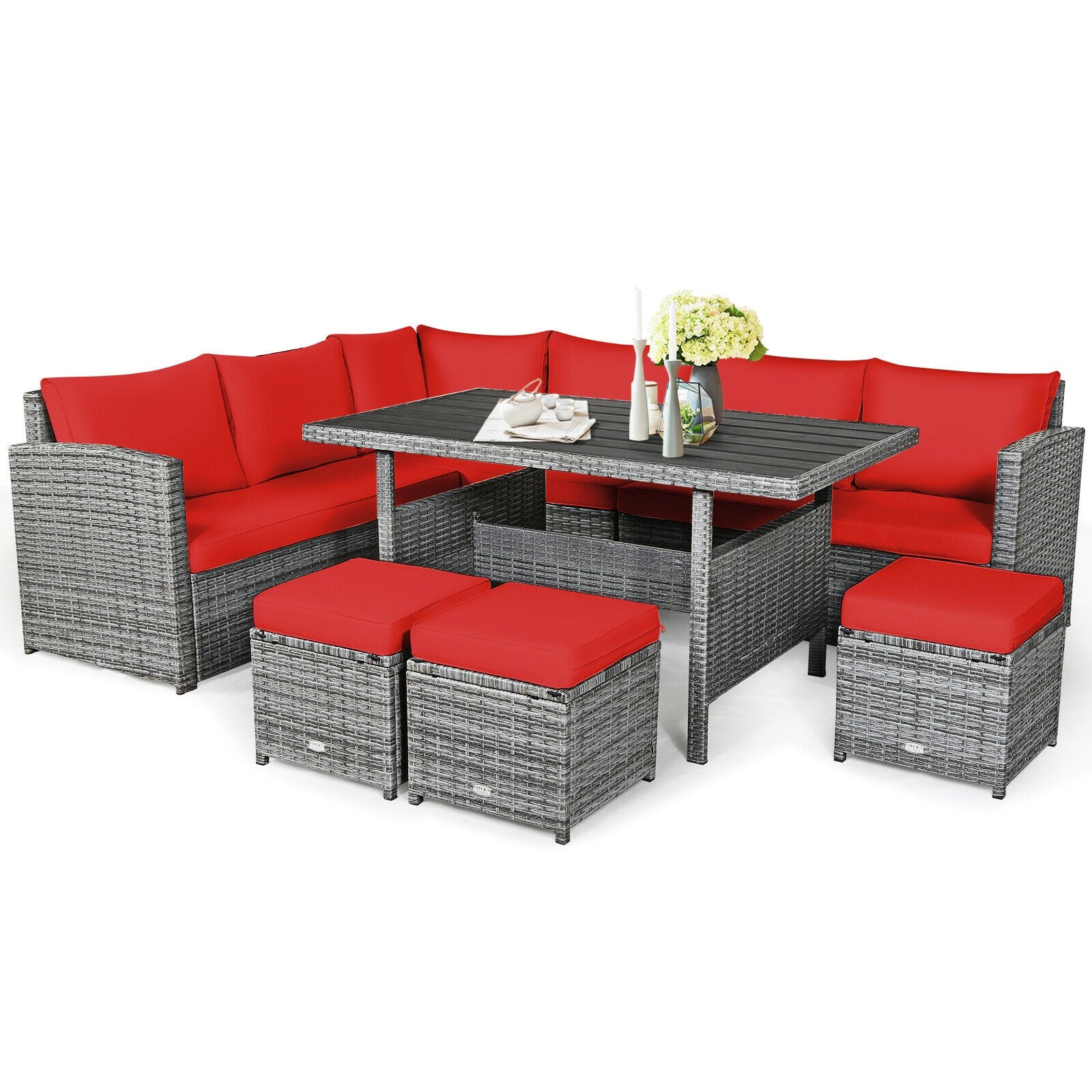 7 Pieces Patio Rattan Dining Furniture Sectional Sofa Set with Wicker Ottoman-Red - Red