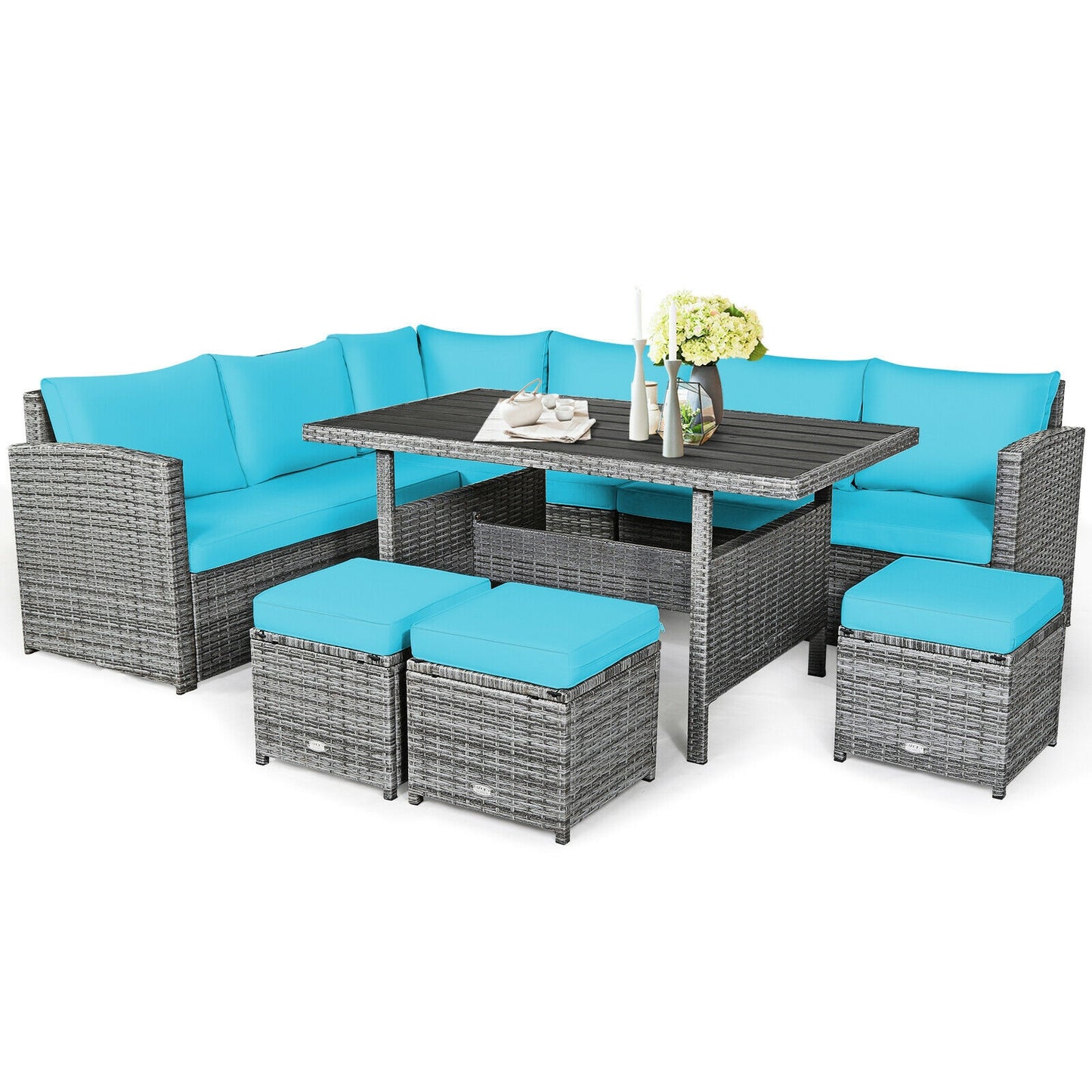 7 Pieces Patio Rattan Dining Furniture Sectional Sofa Set with Wicker Ottoman-Red - Turquoise