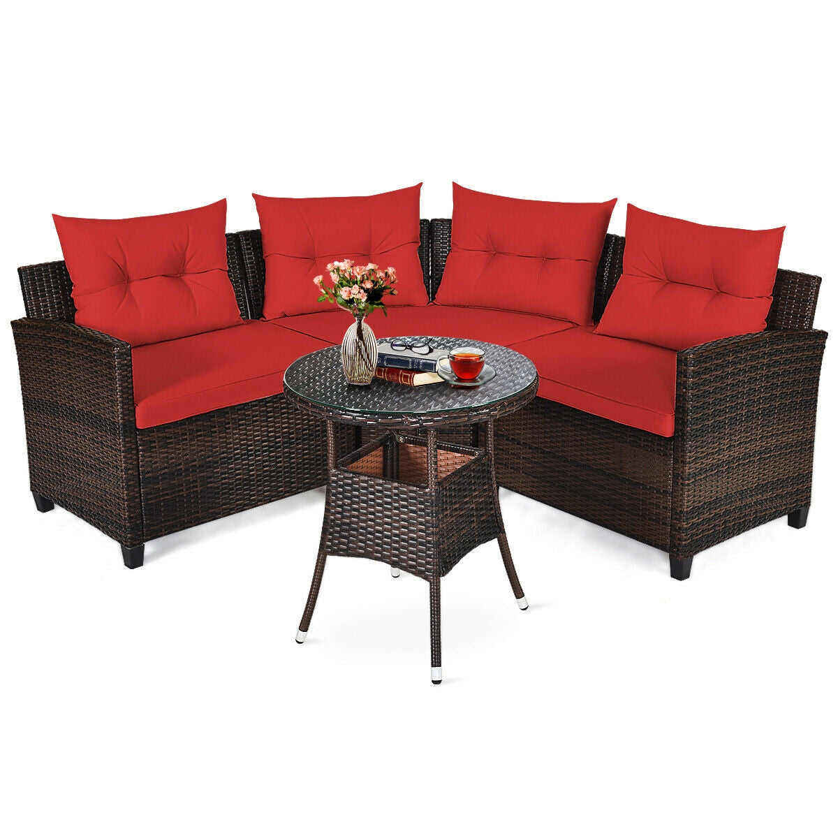 4 Pieces Outdoor Cushioned Rattan Furniture Set-Navy - Red