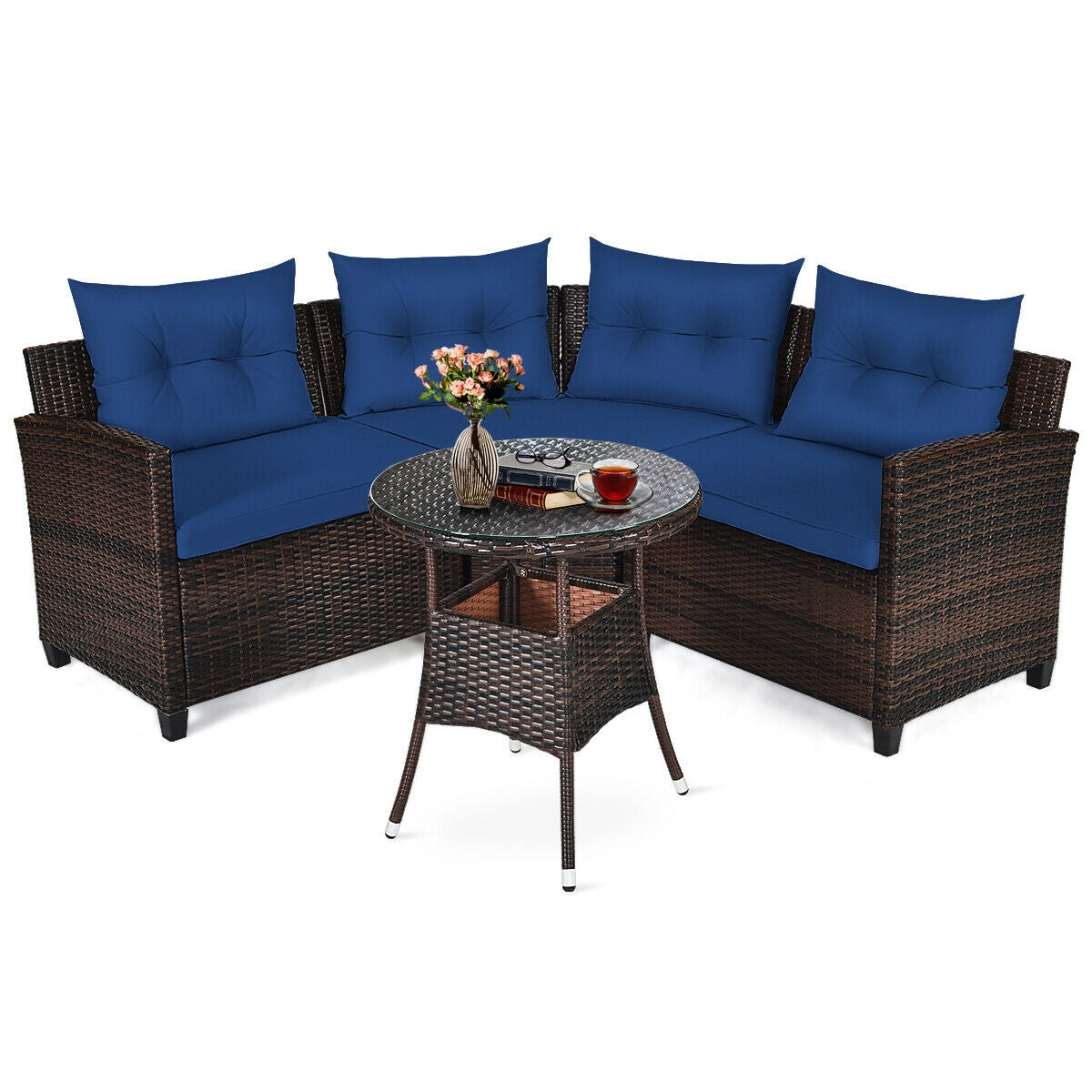 4 Pieces Outdoor Cushioned Rattan Furniture Set-Navy - Navy