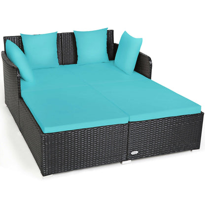 Spacious Outdoor Rattan Daybed with Upholstered Cushions and Pillows-Black - Turquoise