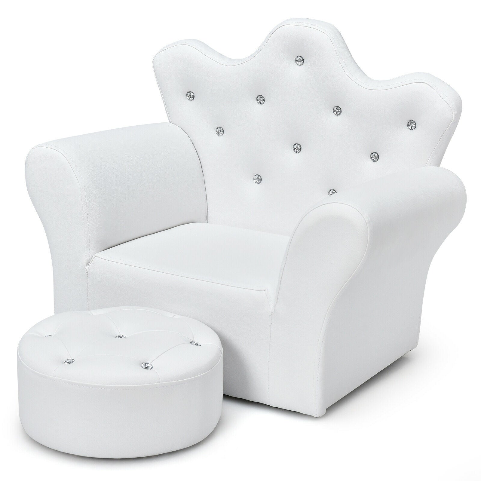 Children Upholstered Princess Sofa with Ottoman and Diamond Decoration for Boys and Girls-White - White