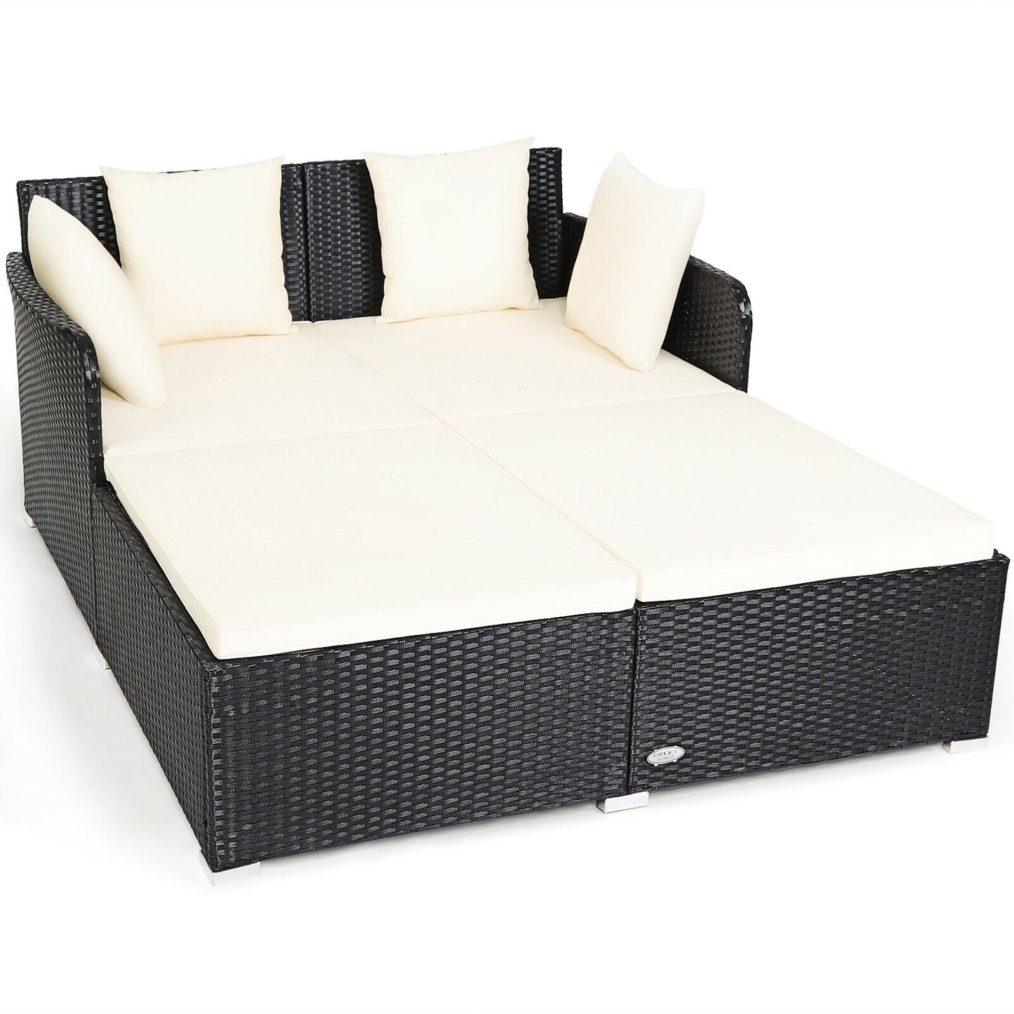 Spacious Outdoor Rattan Daybed with Upholstered Cushions and Pillows-Black - White