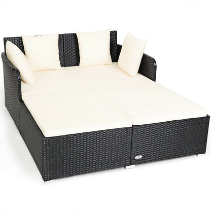 Spacious Outdoor Rattan Daybed with Upholstered Cushions and Pillows-Black - White