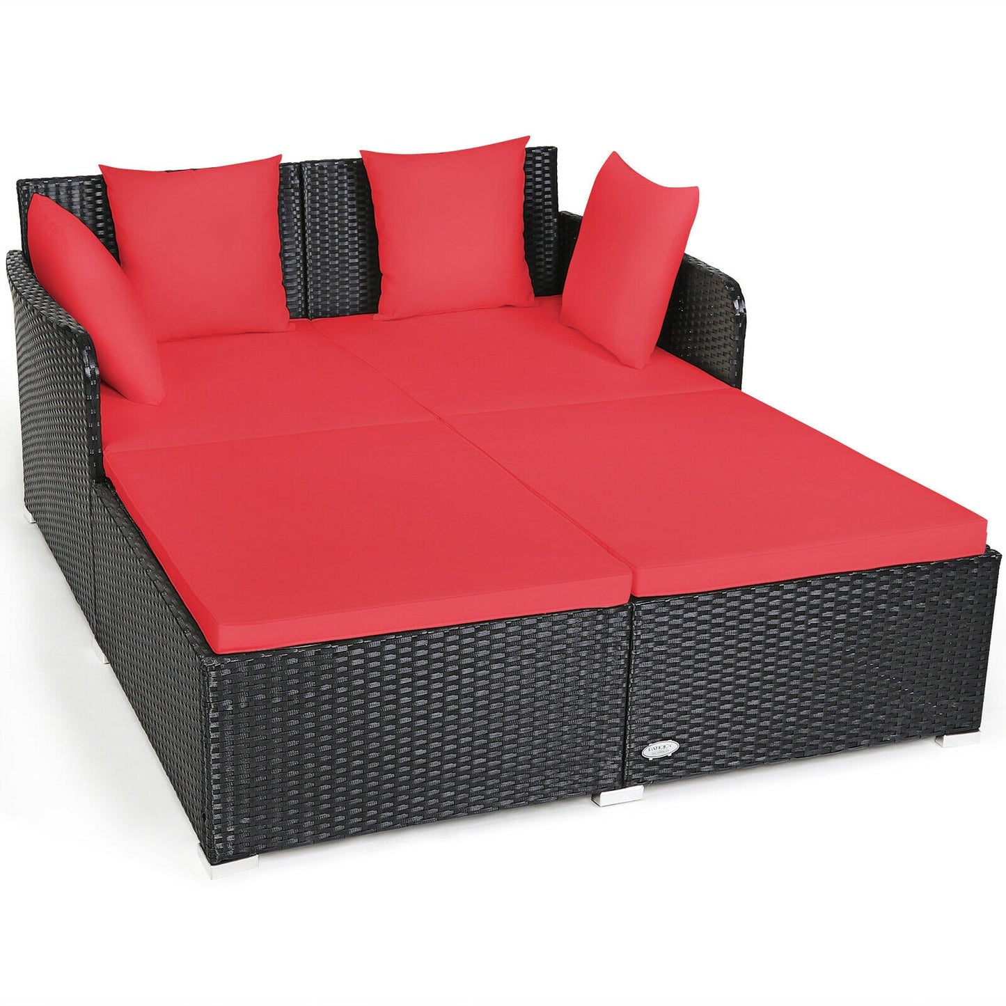 Spacious Outdoor Rattan Daybed with Upholstered Cushions and Pillows-Black - Red