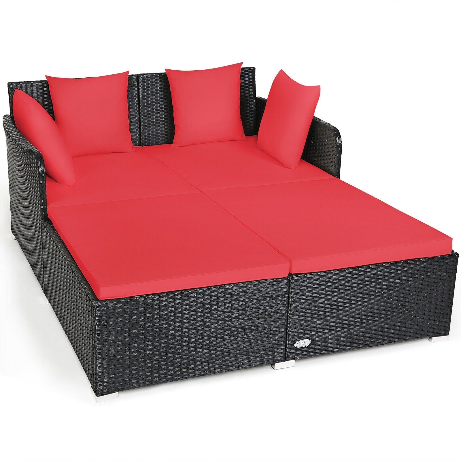 Spacious Outdoor Rattan Daybed with Upholstered Cushions and Pillows-Black - Red