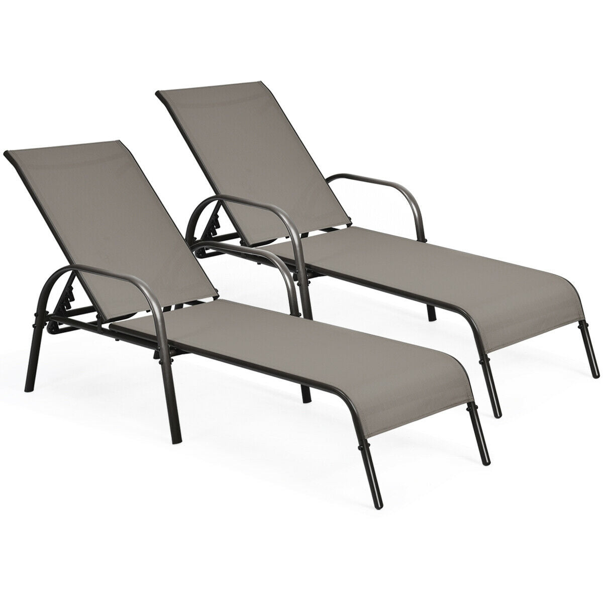 2 Pieces Outdoor Patio Lounge Chair Chaise Fabric with Adjustable Reclining Armrest-Dark Gray - Brown