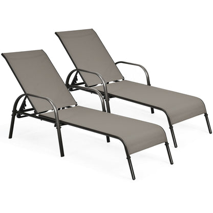 2 Pieces Outdoor Patio Lounge Chair Chaise Fabric with Adjustable Reclining Armrest-Dark Gray - Brown