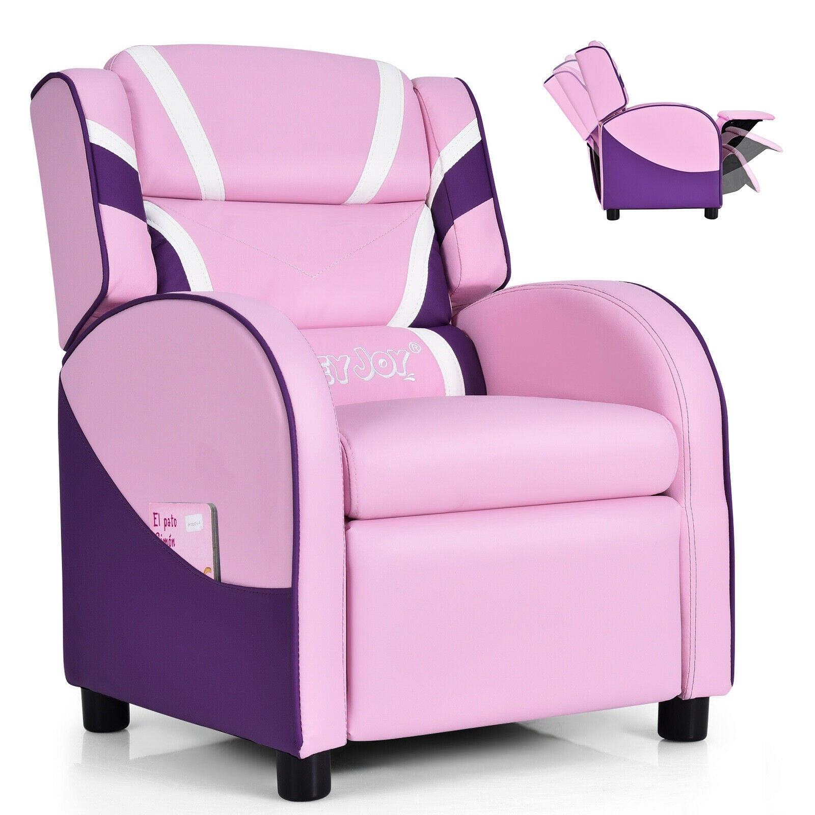 Kids Leather Recliner Chair with Side Pockets-Pink - Pink
