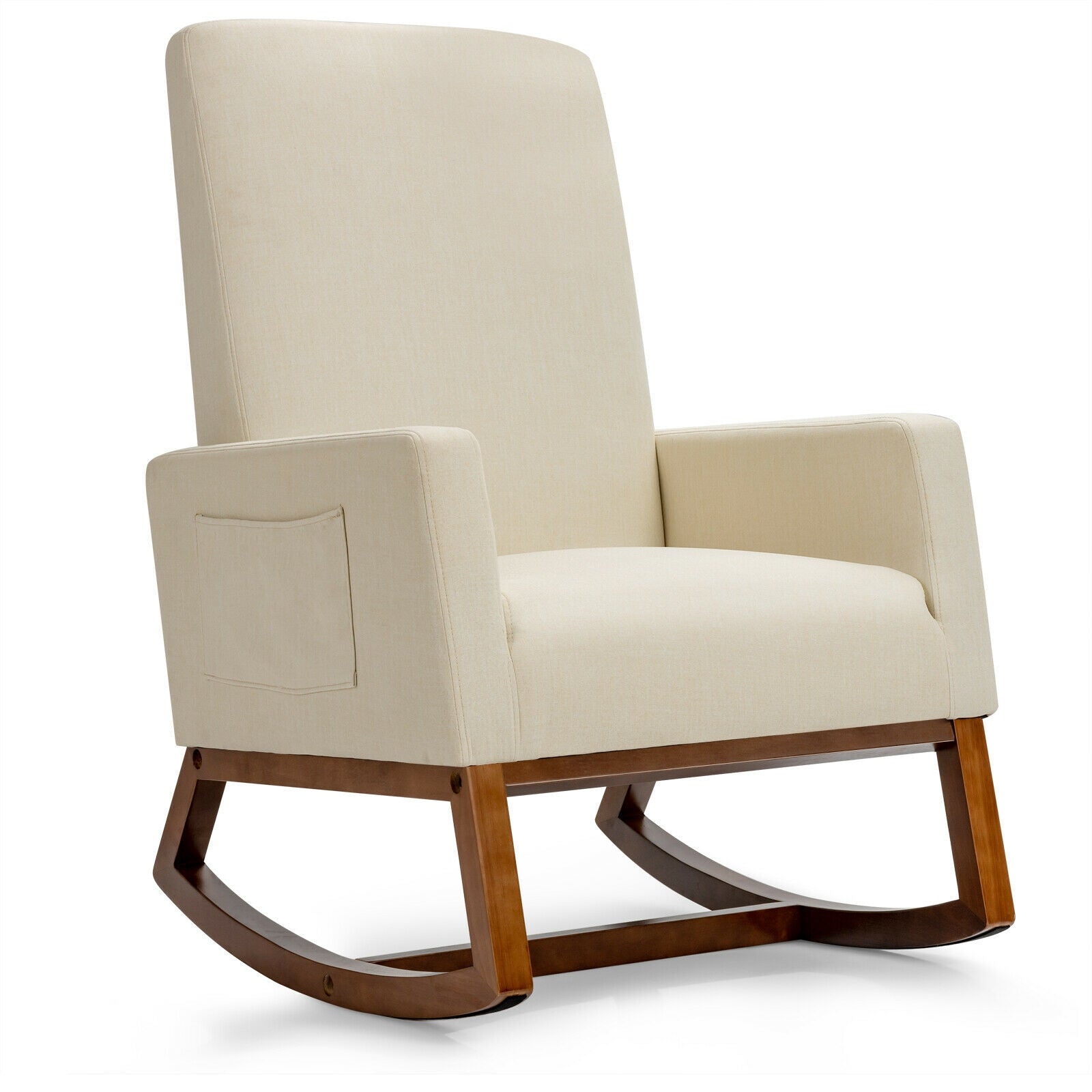 Rocking High Back Upholstered Lounge Armchair with Side Pocket-Beige - Beige
