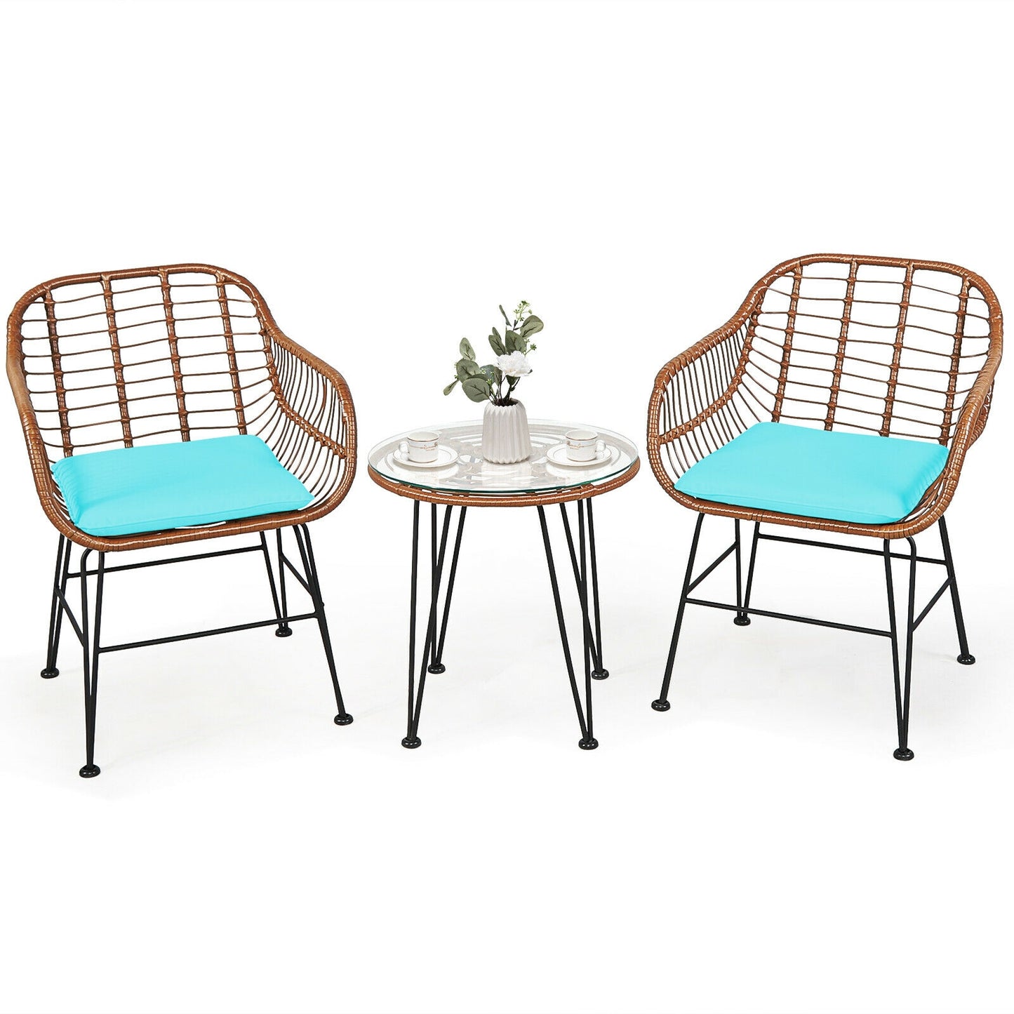 3-Piece Rattan Bistro Set with Cushions and Glass Table