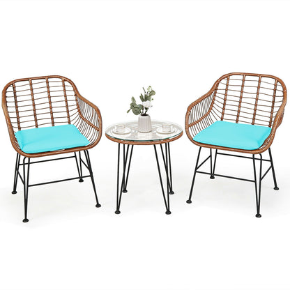 3-Piece Rattan Bistro Set with Cushions and Glass Table