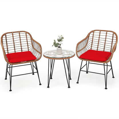3-Piece Rattan Bistro Set with Cushions and Glass Table