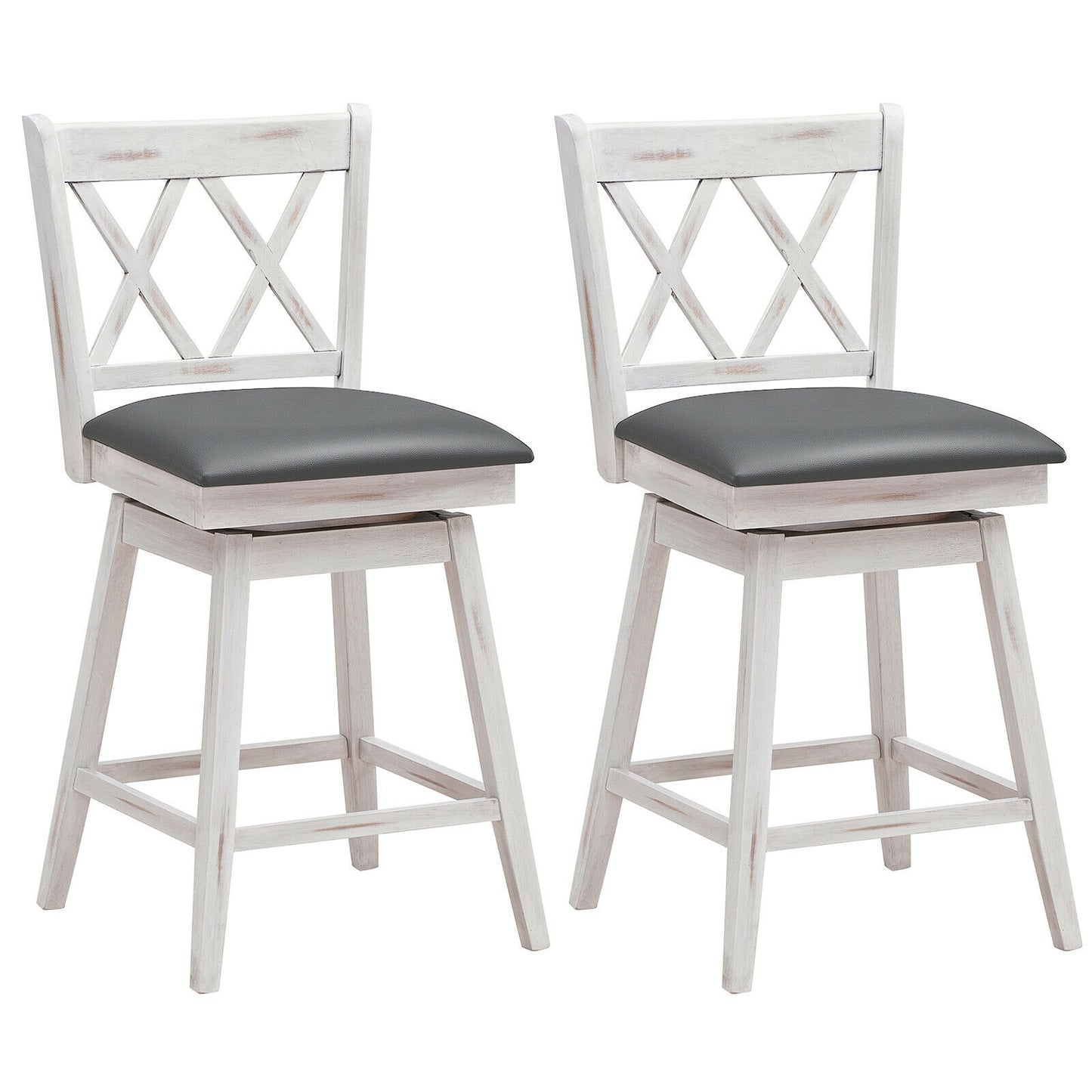 2 Pieces 24 Inch Swivel Counter Height Barstool Set with Rubber Wood Legs-Black - White
