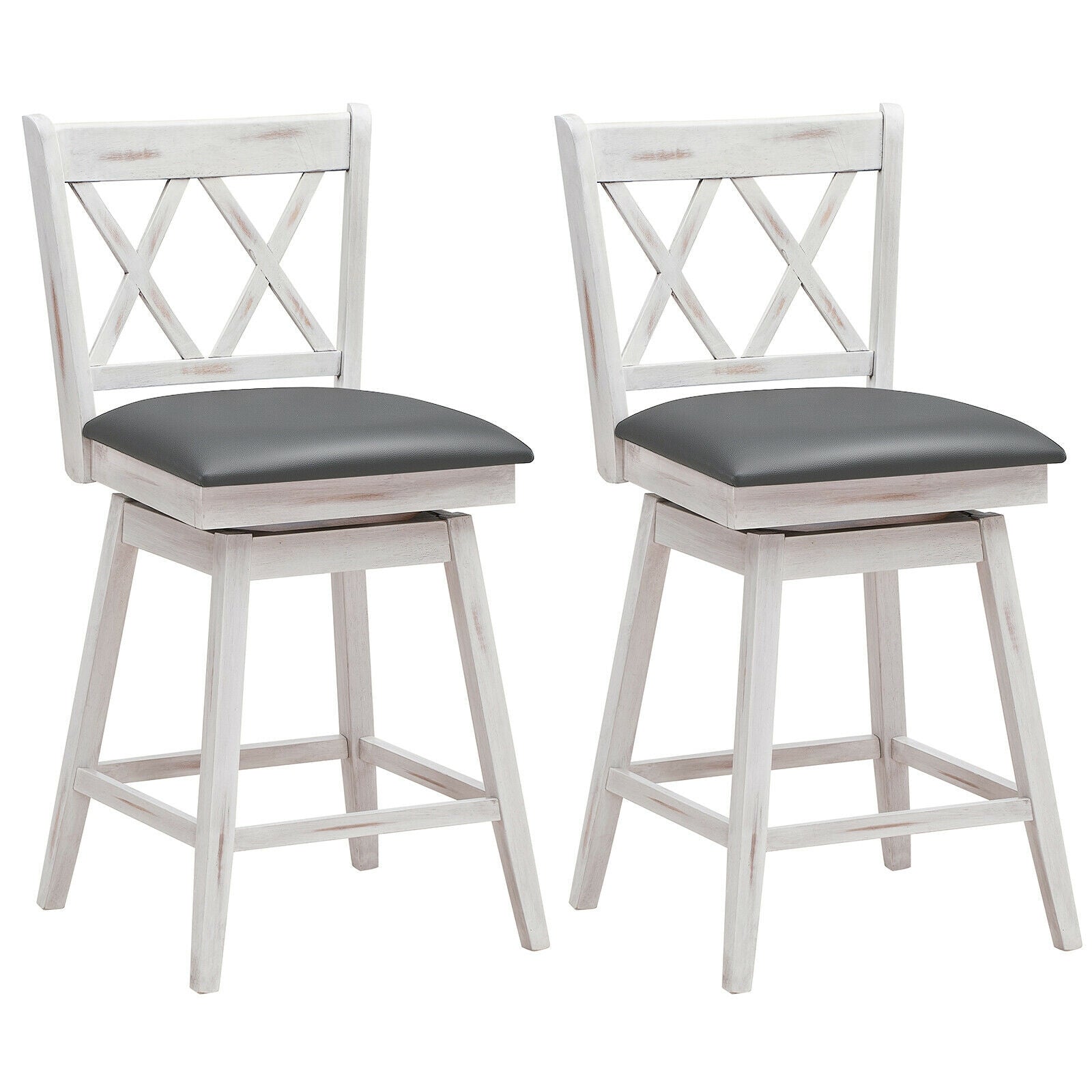 2 Pieces 24 Inch Swivel Counter Height Barstool Set with Rubber Wood Legs-Black - White