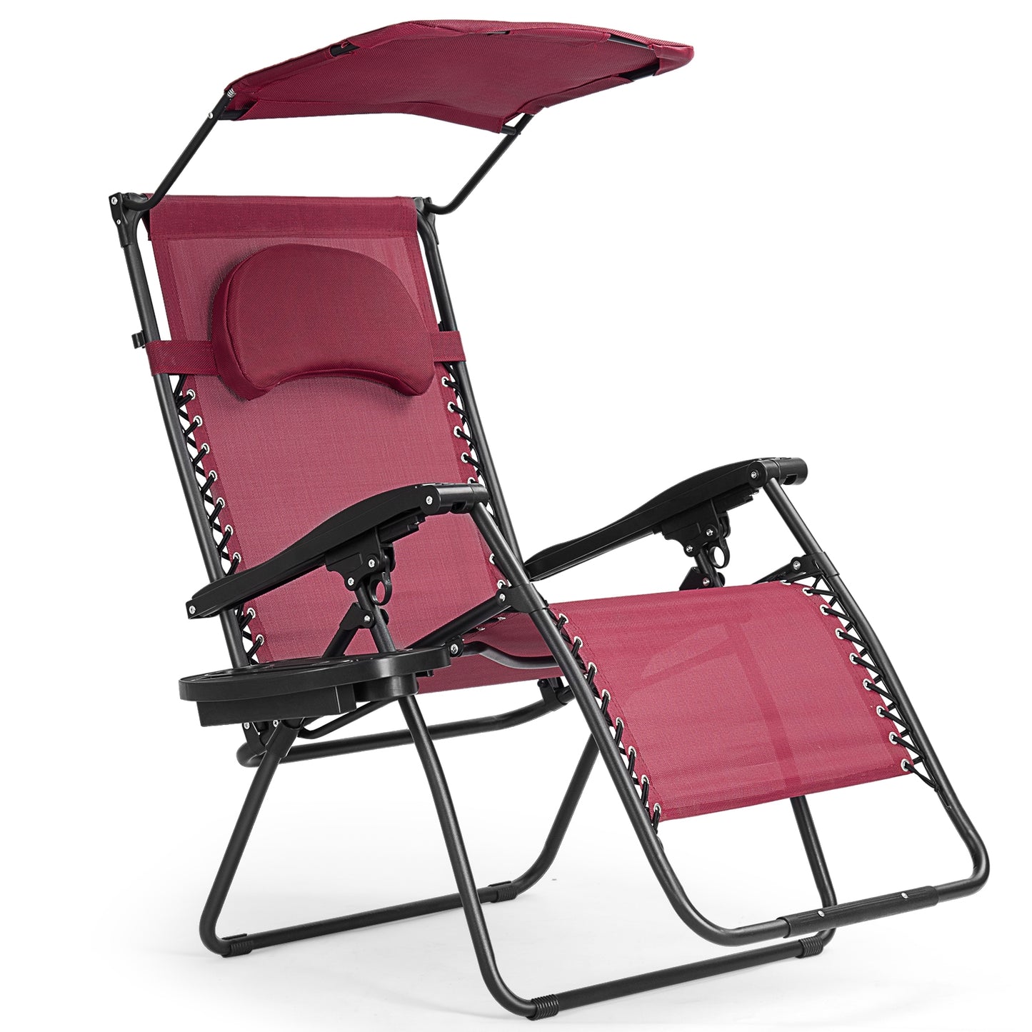 Folding Recliner Lounge Chair with Shade Canopy Cup Holder-Black - Dark Red