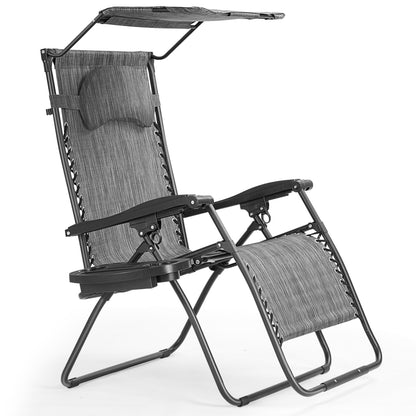 Folding Recliner Lounge Chair with Shade Canopy Cup Holder-Black - Gray