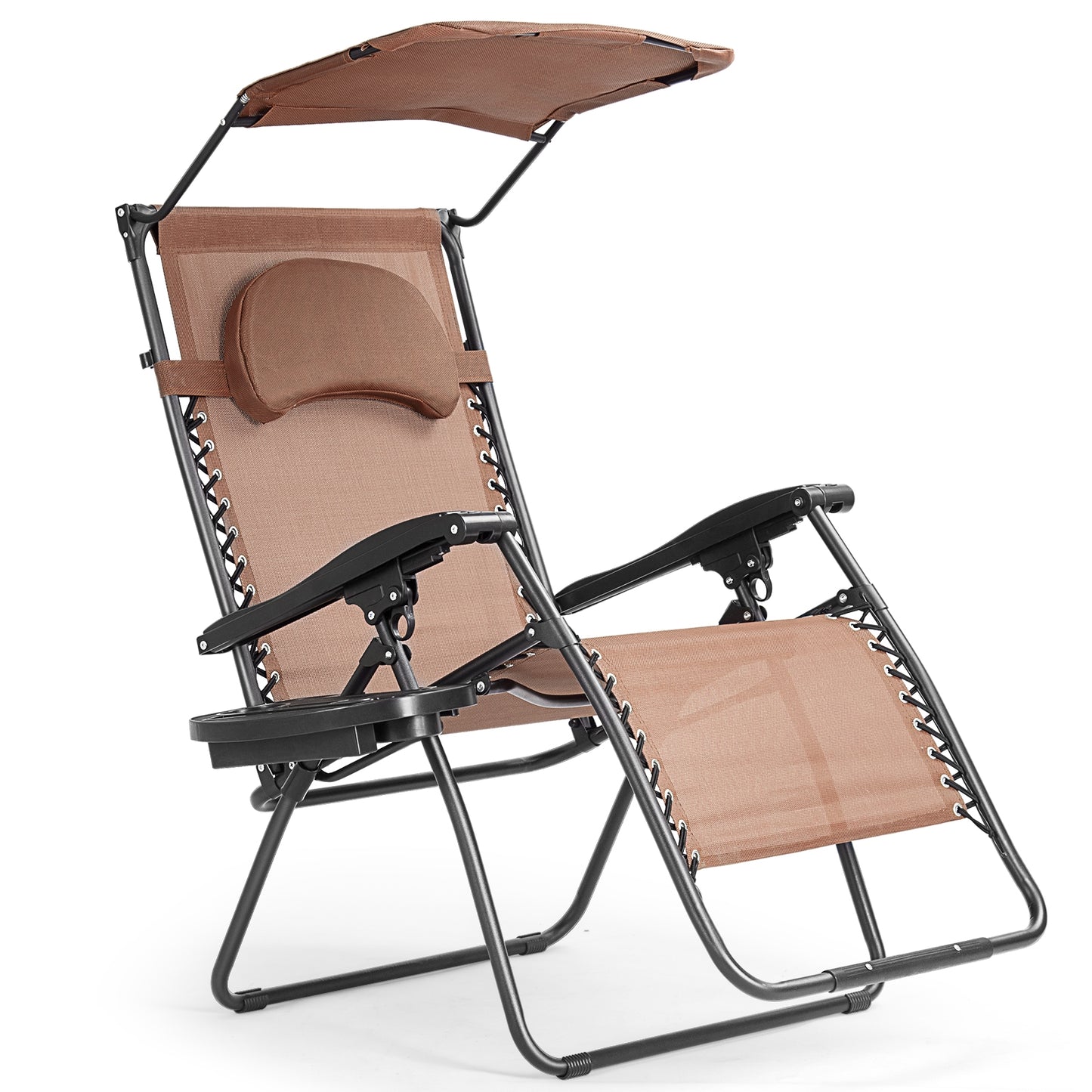 Folding Recliner Lounge Chair with Shade Canopy Cup Holder-Black - Brown