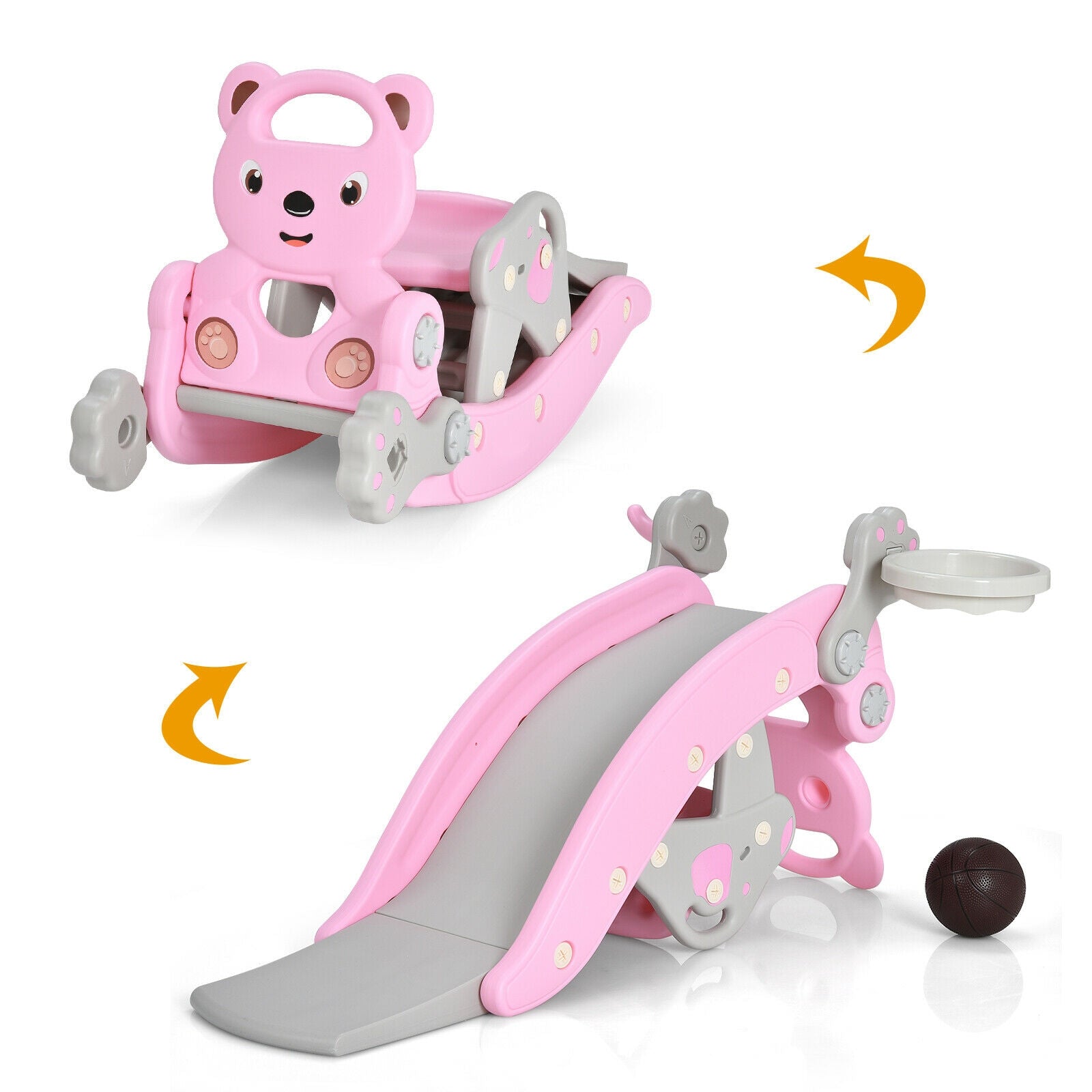 4-in-1 Toddler Slide and Rocking Horse Playset with Basketball Hoop-Blue - Pink