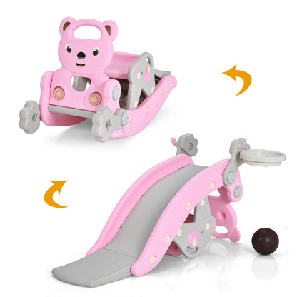 4-in-1 Toddler Slide and Rocking Horse Playset with Basketball Hoop-Blue - Pink