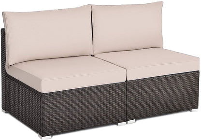 2 Pieces Patio Rattan Armless Sofa Set with 2 Cushions and 2 Pillows-Brown - Brown