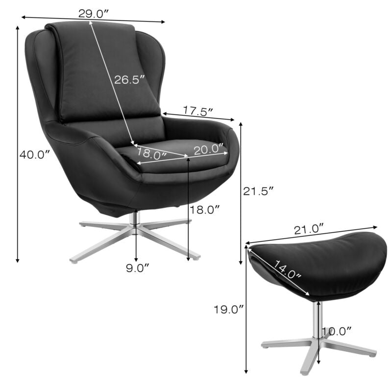 360¬∞ ¬†Swivel Leather Lounge Chair with Ottoman and Aluminum Alloy Base-Black