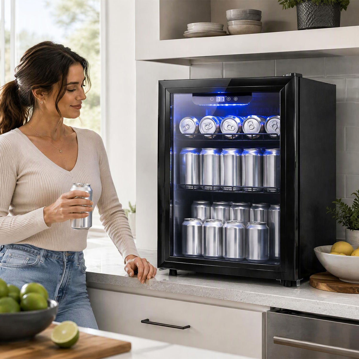 1.98 cu.ft Beverage Refrigerator Cooler with Glass Door and LED Light Removable Shelves-Black
