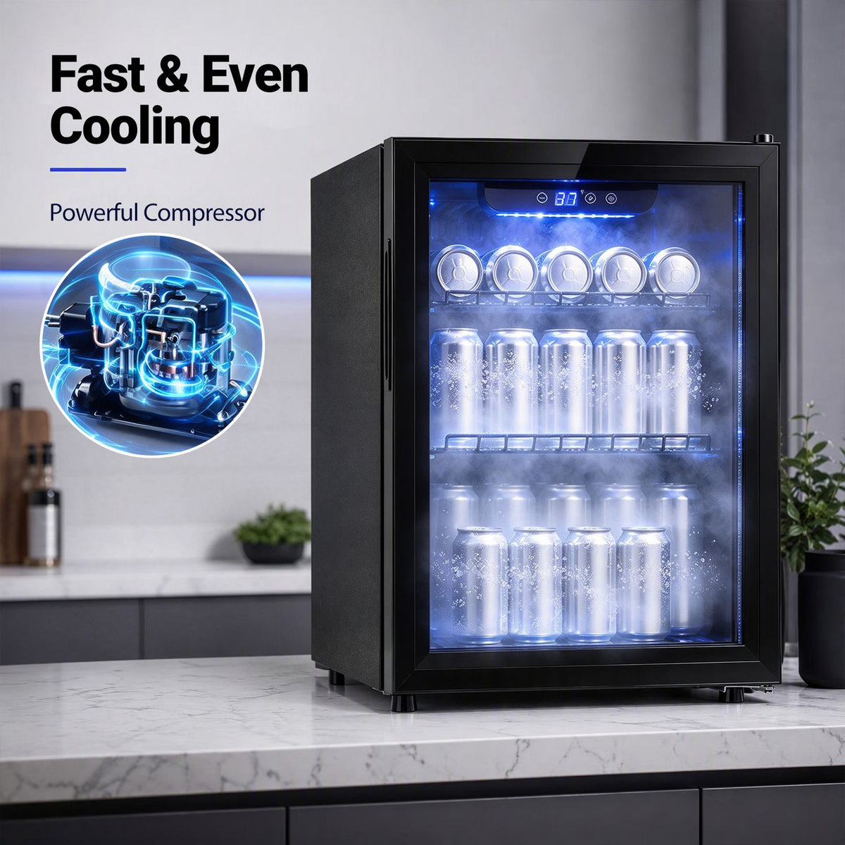 1.98 cu.ft Beverage Refrigerator Cooler with Glass Door and LED Light Removable Shelves-Black