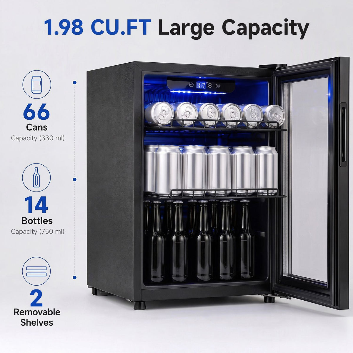 1.98 cu.ft Beverage Refrigerator Cooler with Glass Door and LED Light Removable Shelves-Black