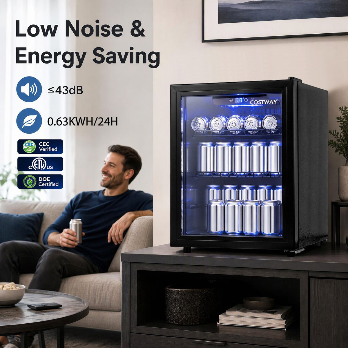 1.98 cu.ft Beverage Refrigerator Cooler with Glass Door and LED Light Removable Shelves-Black