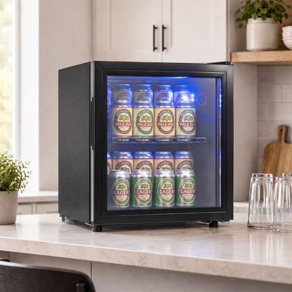 1.55 cu.ft Beverage Refrigerator Cooler with Glass Door LED Light and Removable Shelf for Home Office Dorm Bar-Black