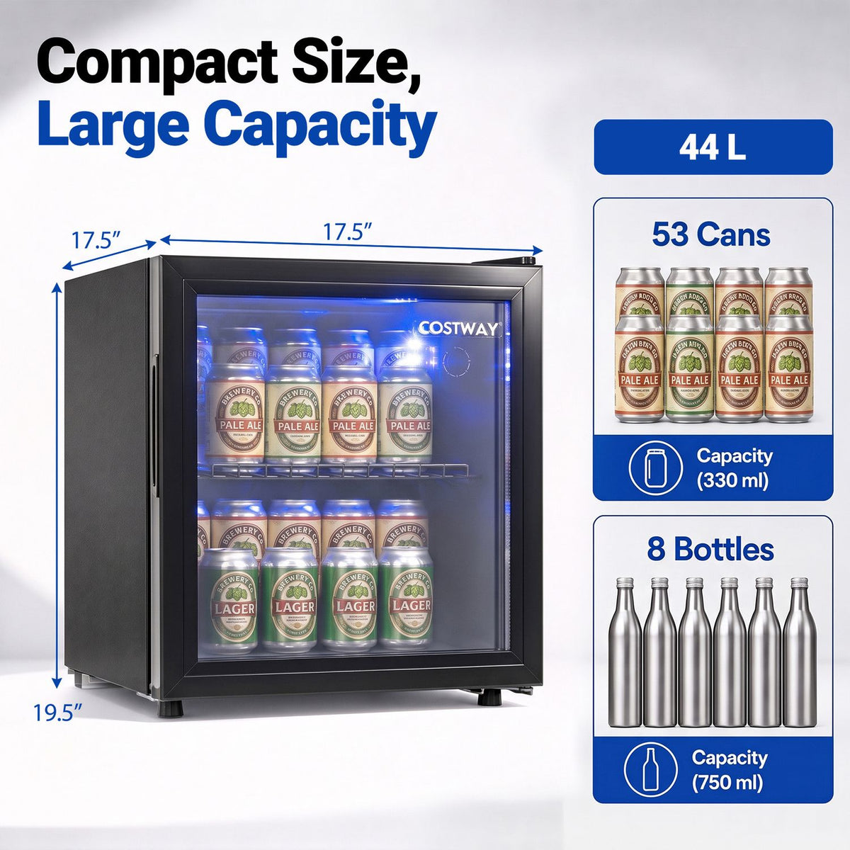 1.55 cu.ft Beverage Refrigerator Cooler with Glass Door LED Light and Removable Shelf for Home Office Dorm Bar-Black