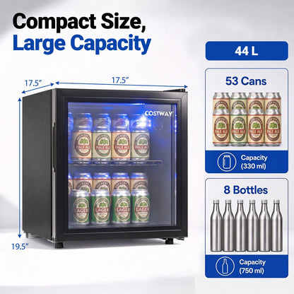 1.55 cu.ft Beverage Refrigerator Cooler with Glass Door LED Light and Removable Shelf for Home Office Dorm Bar-Black