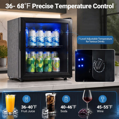 1.55 cu.ft Beverage Refrigerator Cooler with Glass Door LED Light and Removable Shelf for Home Office Dorm Bar-Black