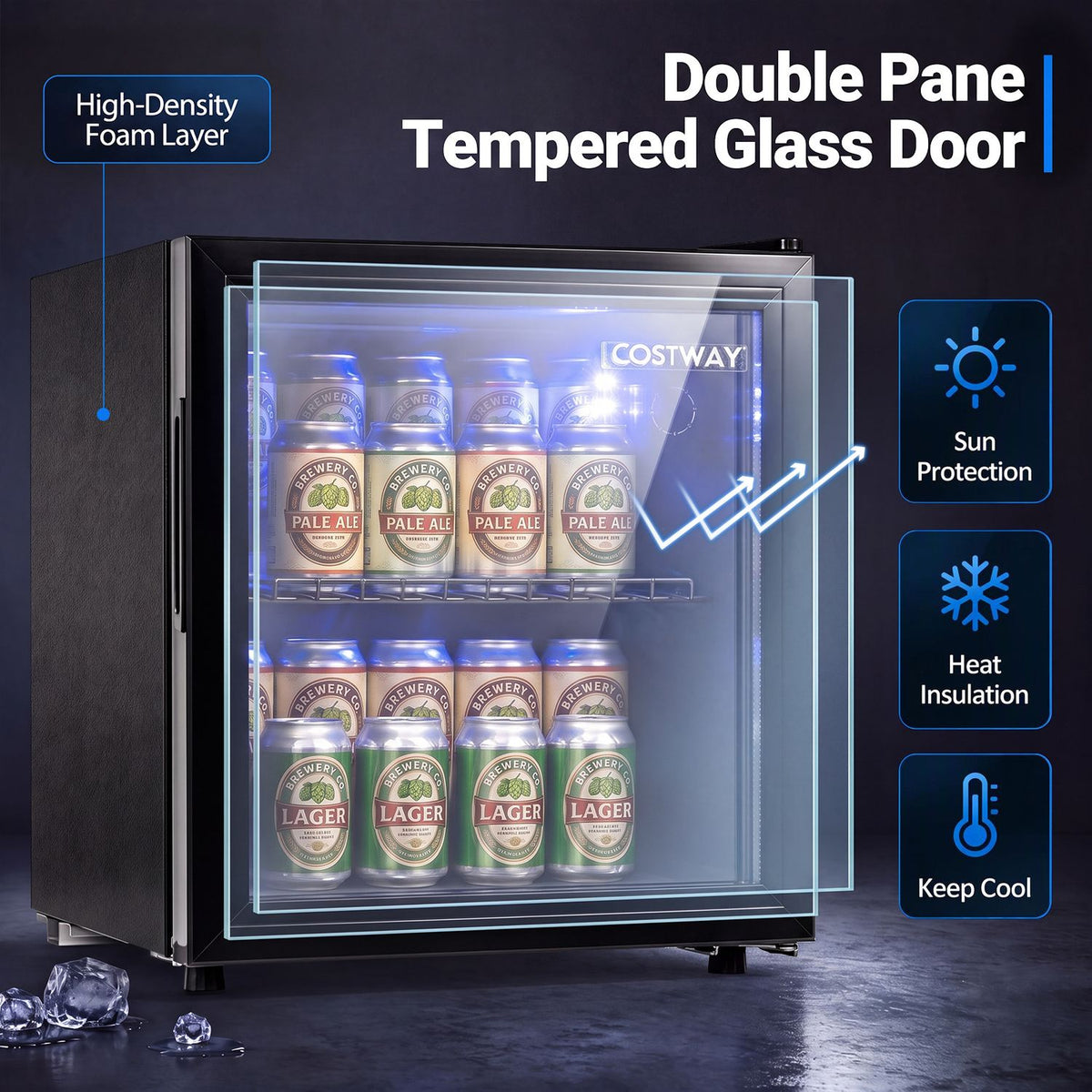 1.55 cu.ft Beverage Refrigerator Cooler with Glass Door LED Light and Removable Shelf for Home Office Dorm Bar-Black