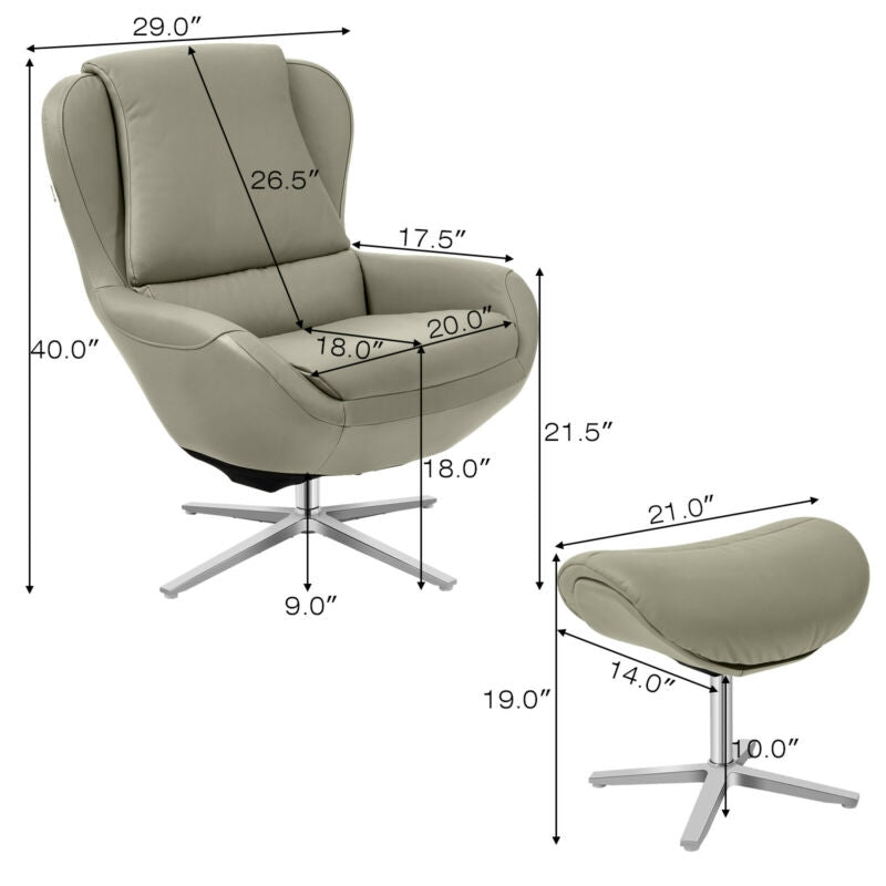 360¬∞ ¬†Swivel Leather Lounge Chair with Ottoman and Aluminum Alloy Base-Gray