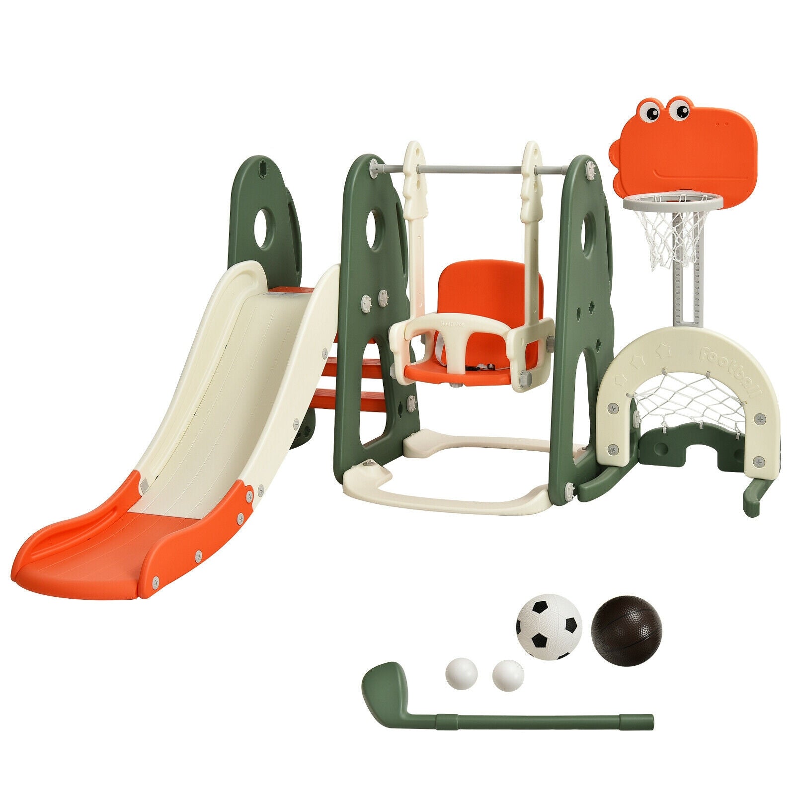 6 in 1 Toddler Slide and Swing Set with Ball Games-White - Orange