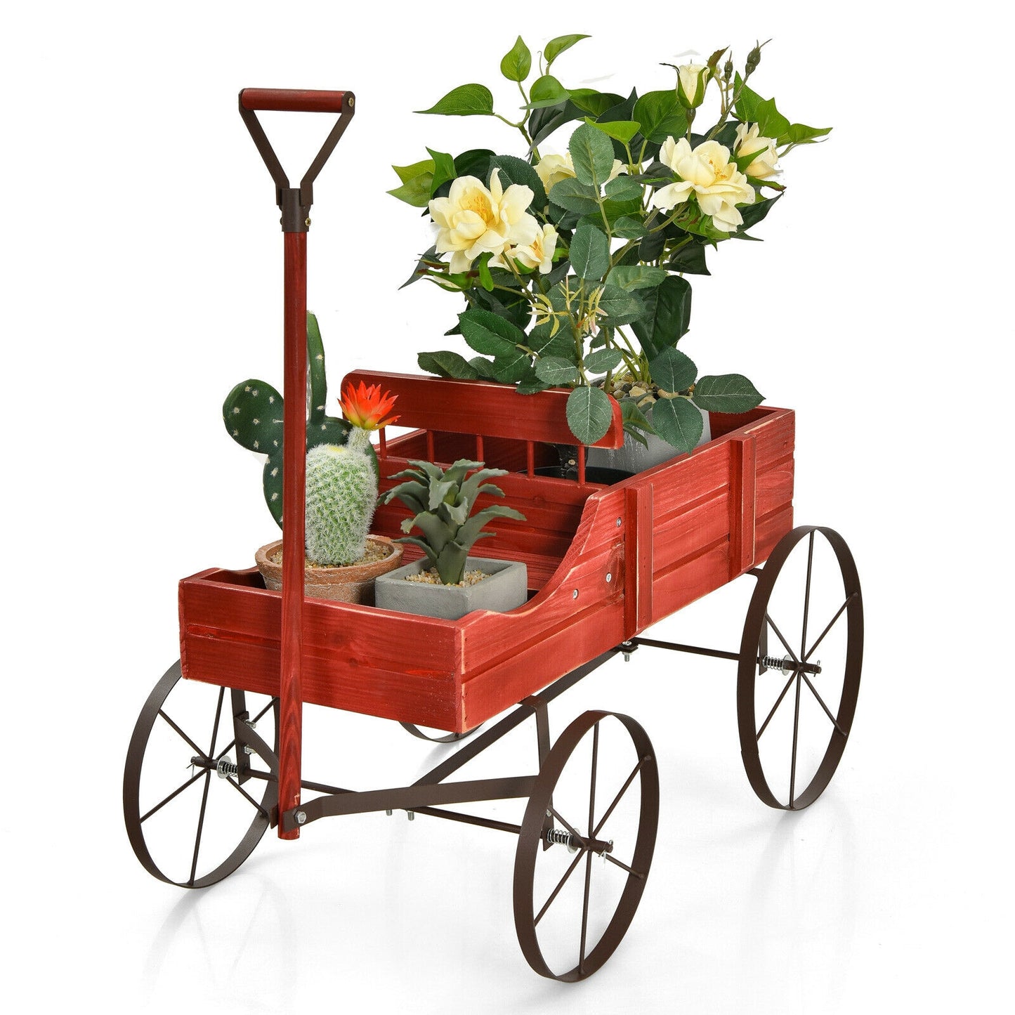 Wooden Wagon Plant Bed With Wheel for Garden Yard-Brown - Red