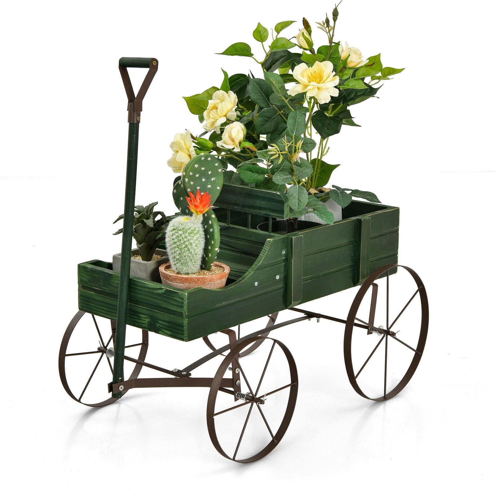 Wooden Wagon Plant Bed With Wheel for Garden Yard-Brown - Green