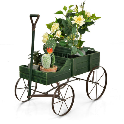 Wooden Wagon Plant Bed With Wheel for Garden Yard-Brown - Green