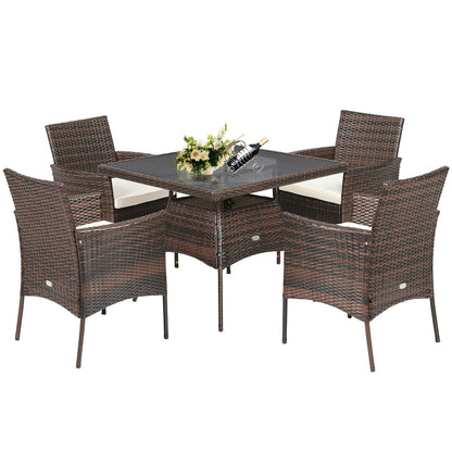 5 Pieces Patio Rattan Dining Furniture Set with Arm Chair and Wooden Table Top