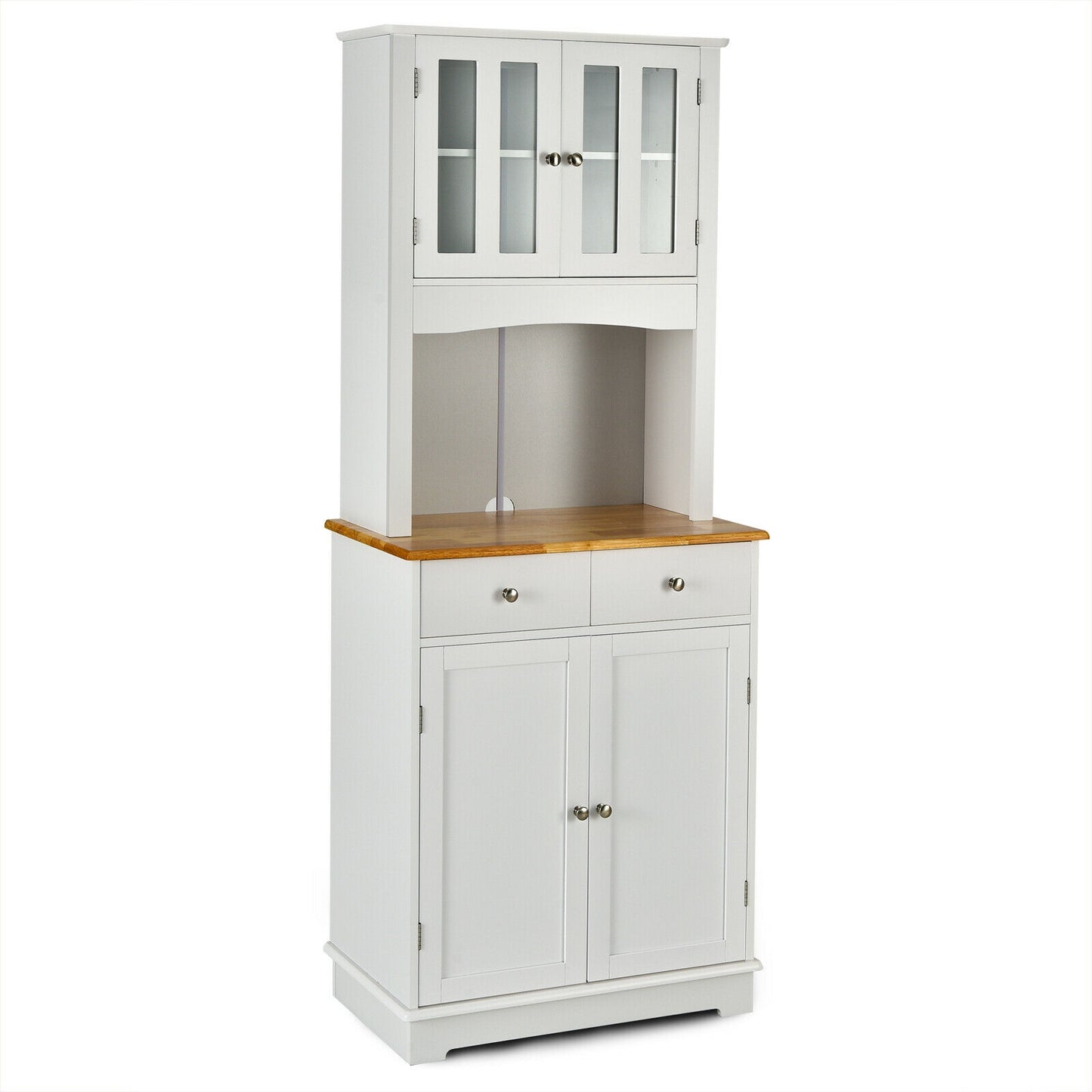Kitchen Pantry Cabinet with Wood Top and Hutch-White