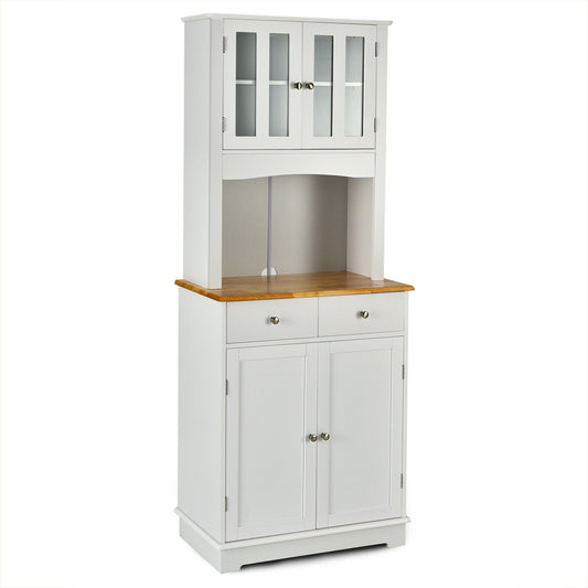 Kitchen Pantry Cabinet with Wood Top and Hutch-White