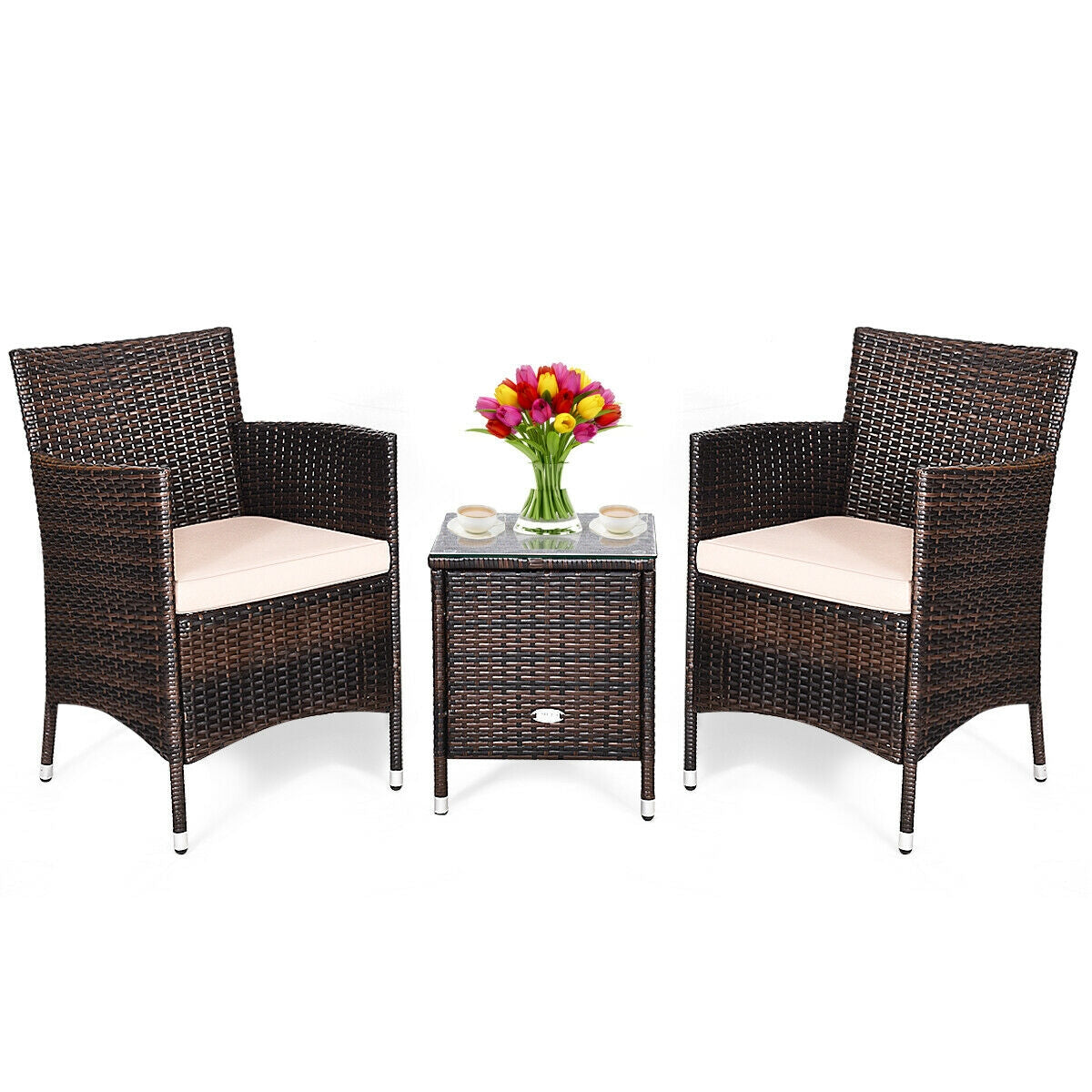 3 Pcs Outdoor Rattan Wicker Furniture Set-Gray - Beige